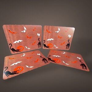 1960s/70s Halloween Psychedelic Placemats Set 4 Black Cat Pumpkin Floating‎ Eyes